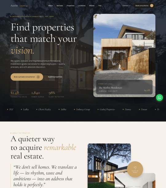 Voorbeeld van het PrimeAbode-websiteontwerp voor makelaars en vastgoedadviseurs