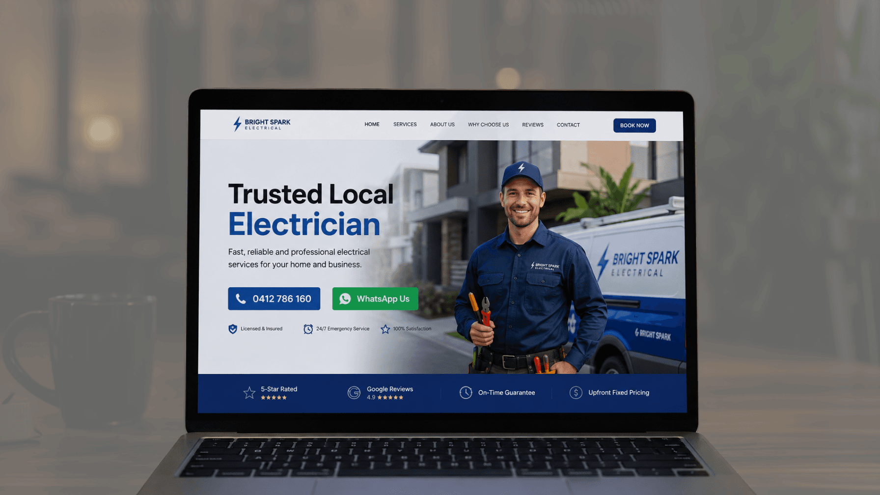 Clean local electrician hero with headline, phone, and WhatsApp.png