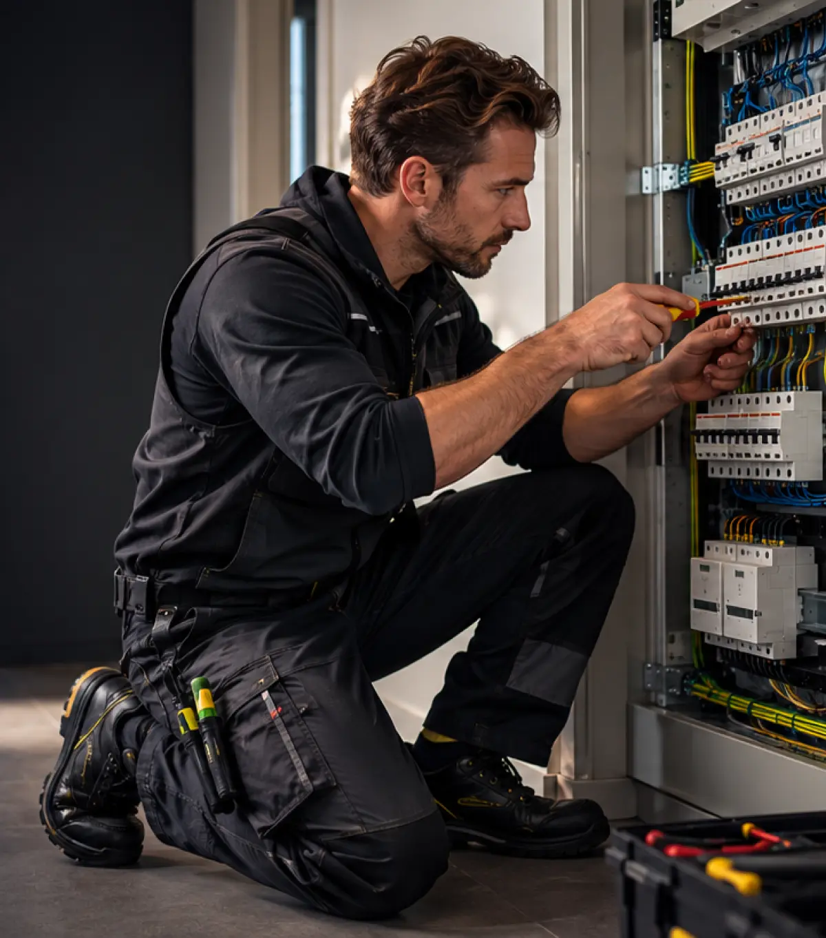 Electrician kneeling at a distribution board, working on the circuit breakers with a screwdriver