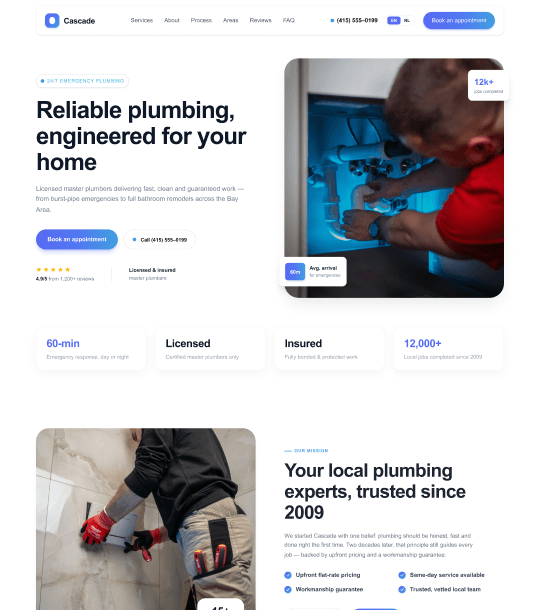 Voorbeeld van het FlowMaster-websiteontwerp voor badkamerinstallateurs