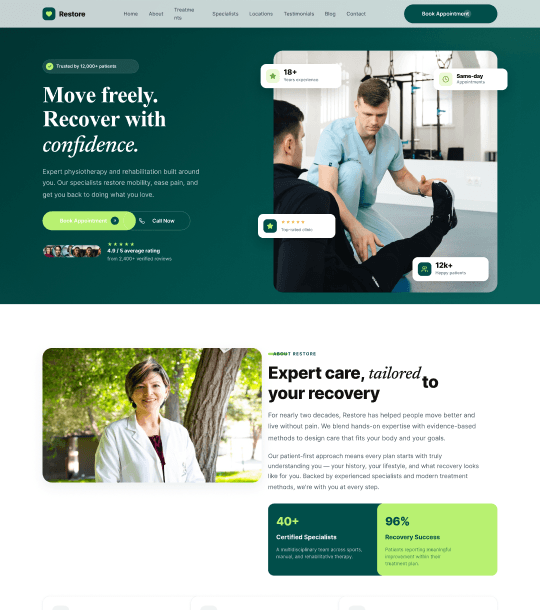 Voorbeeld van het PhysioCare-websiteontwerp voor fysiotherapiepraktijken